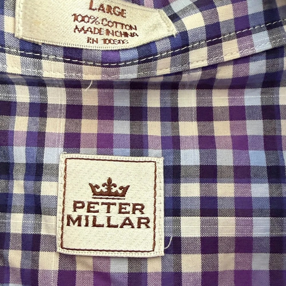 Peter Millar Men’s Purple Blue Gingham Print Long Sleeve Button Down Shirt Large